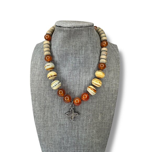 Lucky Brand Beaded Necklace Wood Carnelian Glass 16" Toggle Clasp - Picture 2 of 6